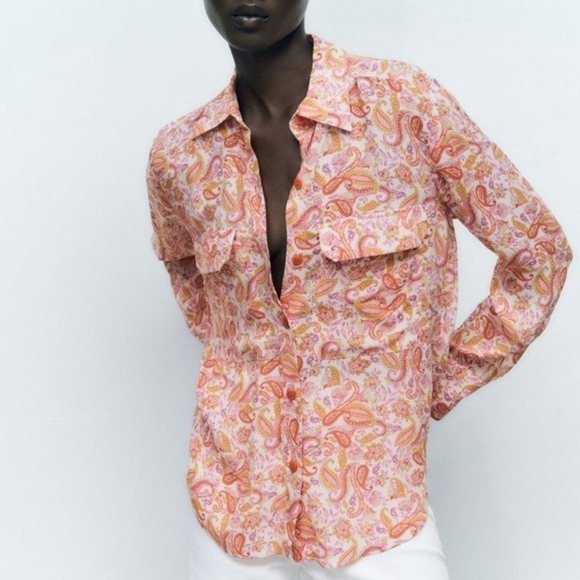 Zara Tops - NWOT ZARA Orange & Pink Paisley Silky Button Down Blouse | SZ M